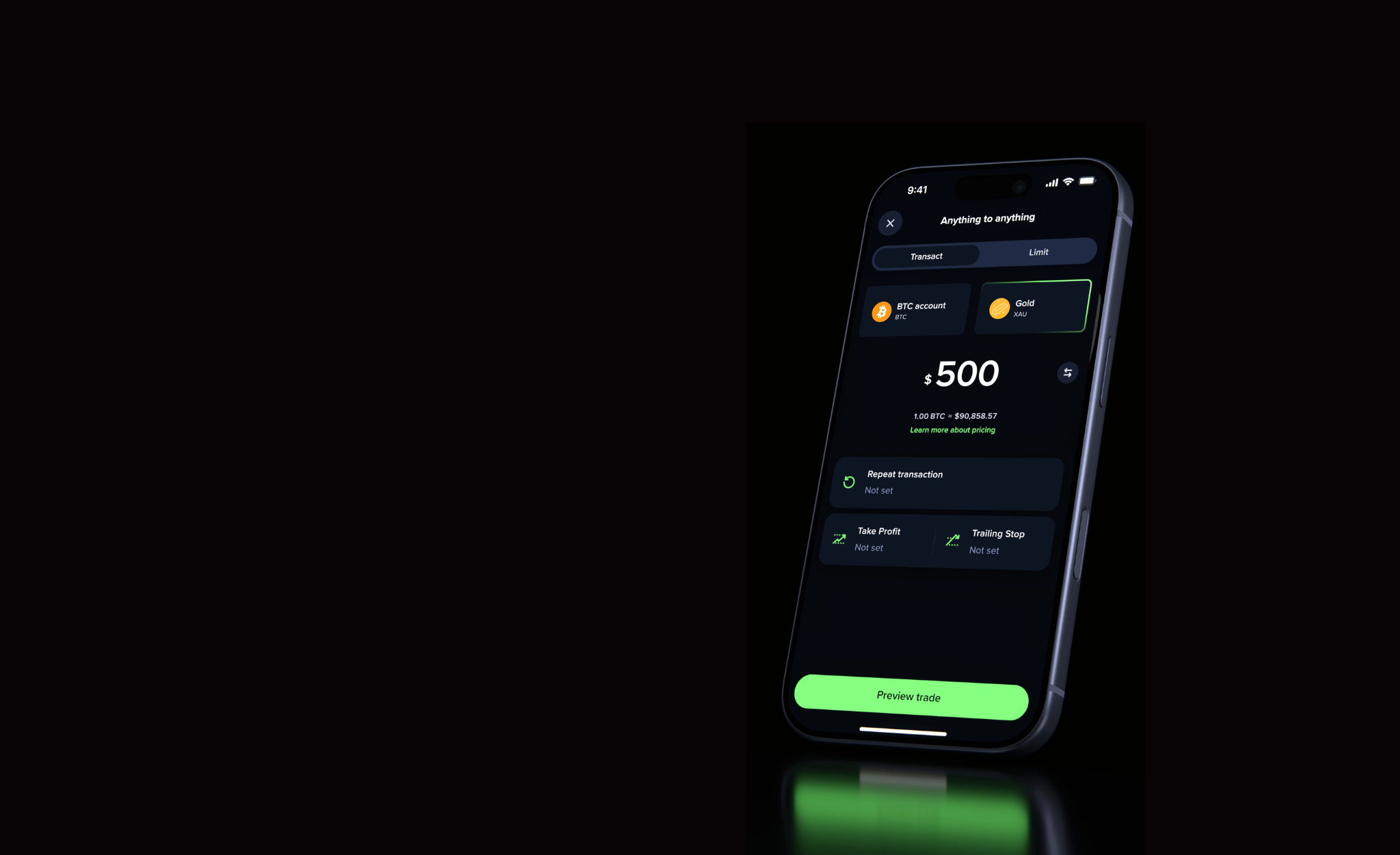 Uphold app showing trading between Bitcoin and gold