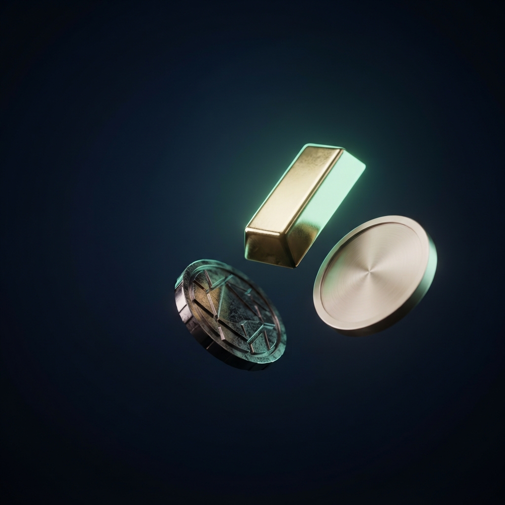 Three floating metallic objects—a gold bar and two coins—glow against a dark blue background.